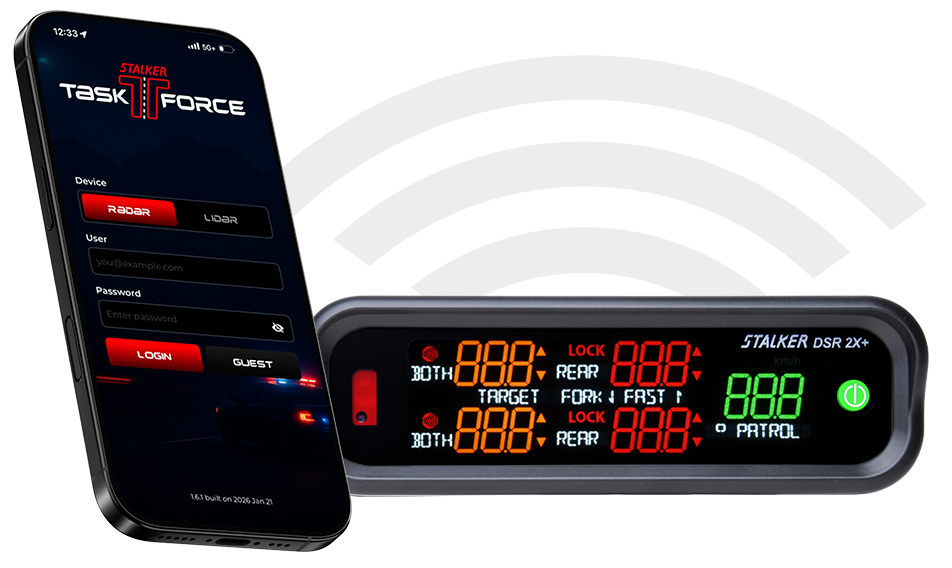 The Stalker DSR 2X+ radar system product photo on a transparent background with a WiFi symbol to represent it's connectivity. 