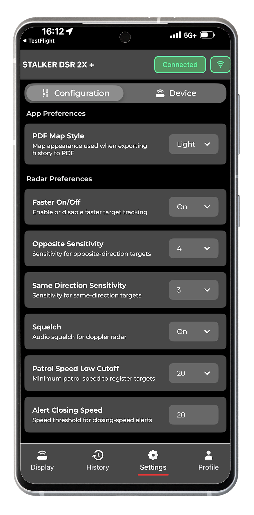 A cut-out, front facing view of a mobile phone with the Stalker Task Force App on display that showcases how to customize radar settings.